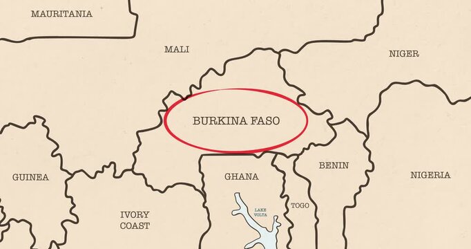 Motion graphic video of a red circle marking to burkina faso on a vintage political map