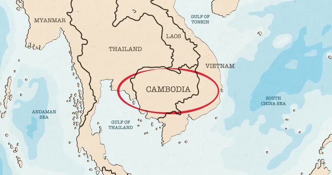 Motion graphic video of a red circle marking to cambodia on a vintage political map