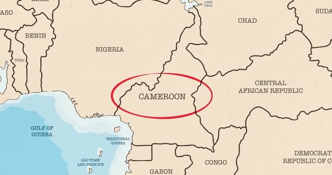 Motion graphic video of a red circle marking to cameroon on a vintage political map