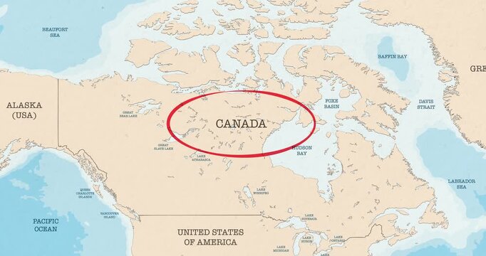 Motion graphic video of a red circle marking to canada on a vintage political map