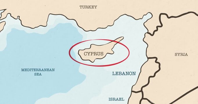 Motion graphic video of a red circle marking to cyprus on a vintage political map