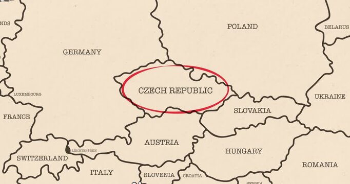 Motion graphic video of a red circle marking to czech republic on a vintage political map