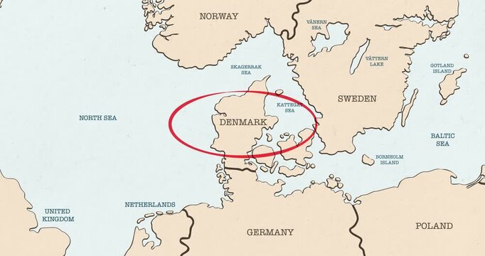 Motion graphic video of a red circle marking to denmark on a vintage political map