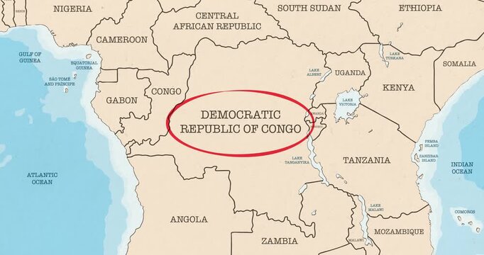 Motion graphic video of a red circle marking to democratic republic of congo republic on a vintage political map