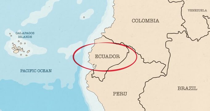 Motion graphic video of a red circle marking to ecuador on a vintage political map
