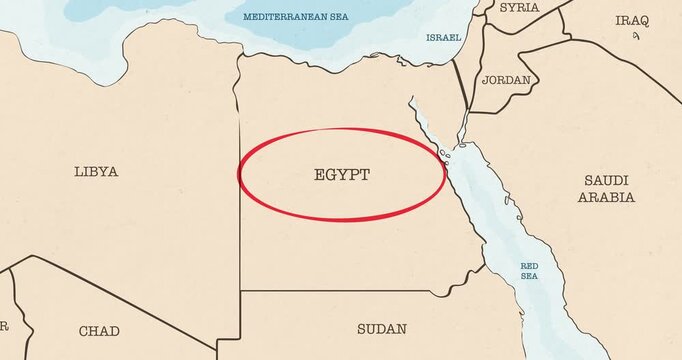 Motion graphic video of a red circle marking to egypt on a vintage political map