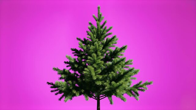 A vibrant 3D product rendering of a classic green fir spruce tree spinning on its axis in a continuous loop. The plant graphic asset turns smoothly against a solid magenta pink studio backdrop.