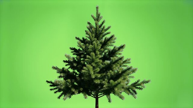 A realistic 3D model of a lush green spruce or fir tree rotating 360 degrees on its axis. The evergreen conifer plant spins seamlessly against a solid chroma key green screen backdrop.