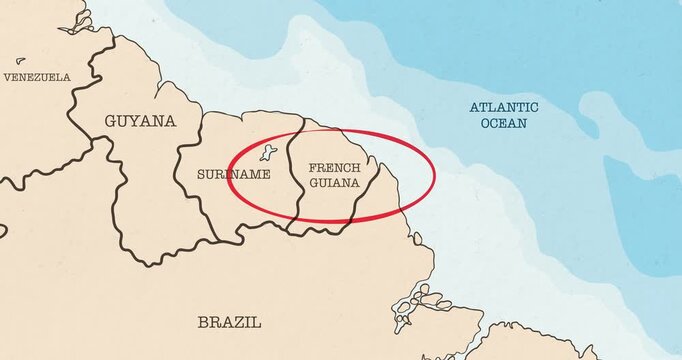 Motion graphic video of a red circle marking to french guiana on a vintage political map