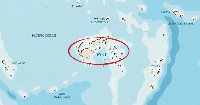 Motion graphic video of a red circle marking to fiji on a vintage political map