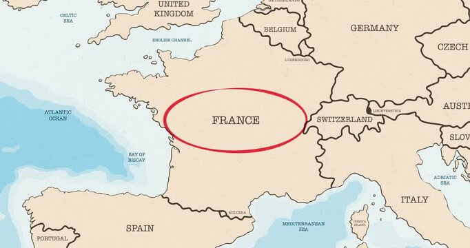Motion graphic video of a red circle marking to france on a vintage political map