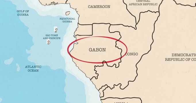 Motion graphic video of a red circle marking to gabon on a vintage political map