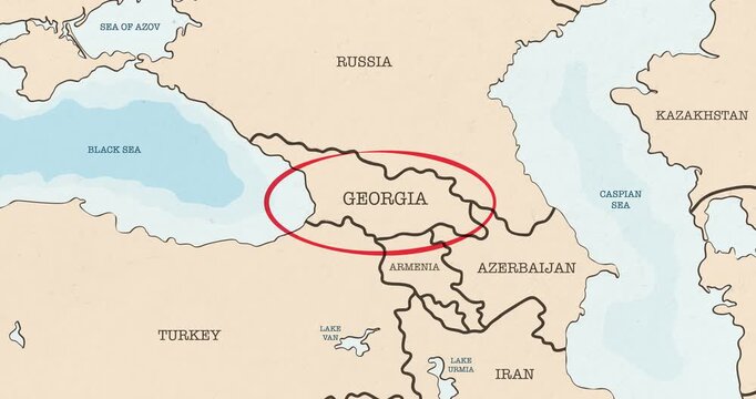Motion graphic video of a red circle marking to georgia on a vintage political map