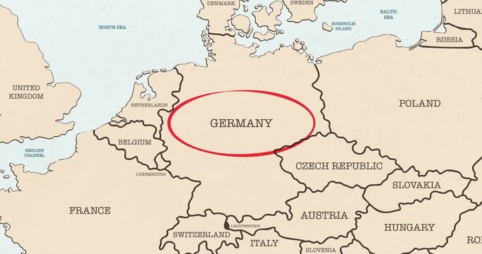 Motion graphic video of a red circle marking to germany on a vintage political map
