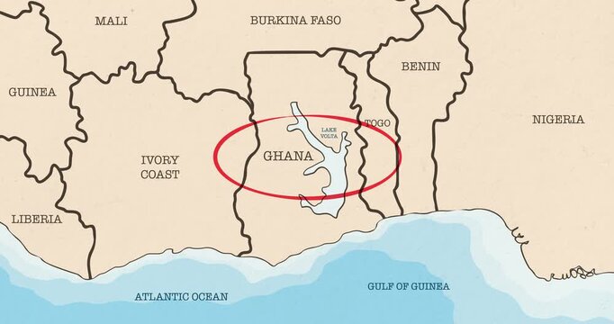 Motion graphic video of a red circle marking to ghana on a vintage political map