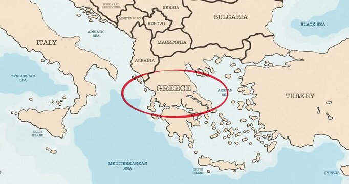 Motion graphic video of a red circle marking to greece on a vintage political map