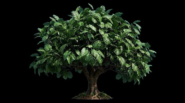 Realistic 3D render of a broad, leafy green tree with thick foliage isolated against a pitch-black background. Excellent for dramatic lighting, night scene compositing, architectural rendering, dark a