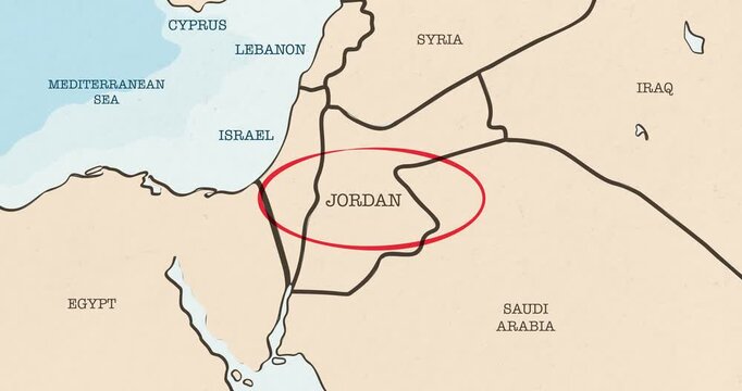 Motion graphic video of a red circle marking to jordania on a vintage political map