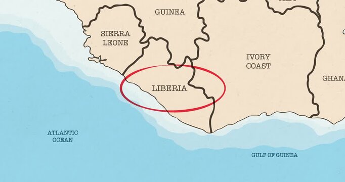 Motion graphic video of a red circle marking to liberia on a vintage political map