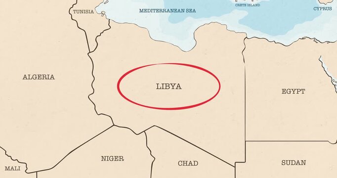 Motion graphic video of a red circle marking to libya on a vintage political map
