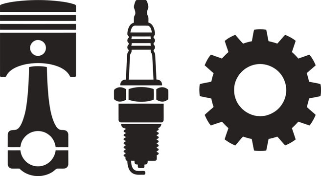 Set of automotive engine parts including piston spark plug and gear silhouette vector illustration for mechanical design.