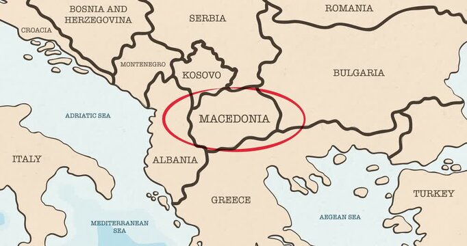 Motion graphic video of a red circle marking to macedonia on a vintage political map