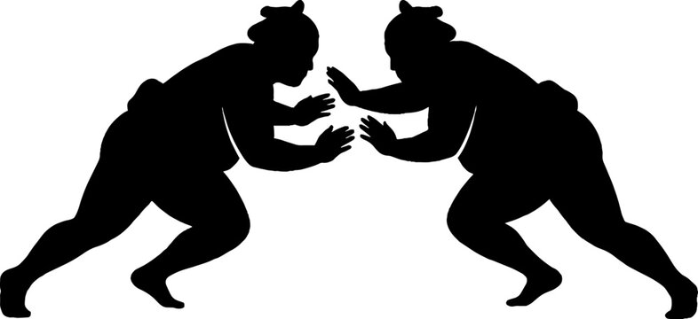 Two sumo wrestlers in traditional fighting stance silhouette.