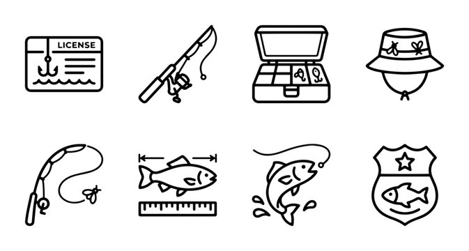 Fishing Icons Set: License, Rod, Tackle Box, Hat, Fish, Badge - Vector Graphics for Outdoor Recreation