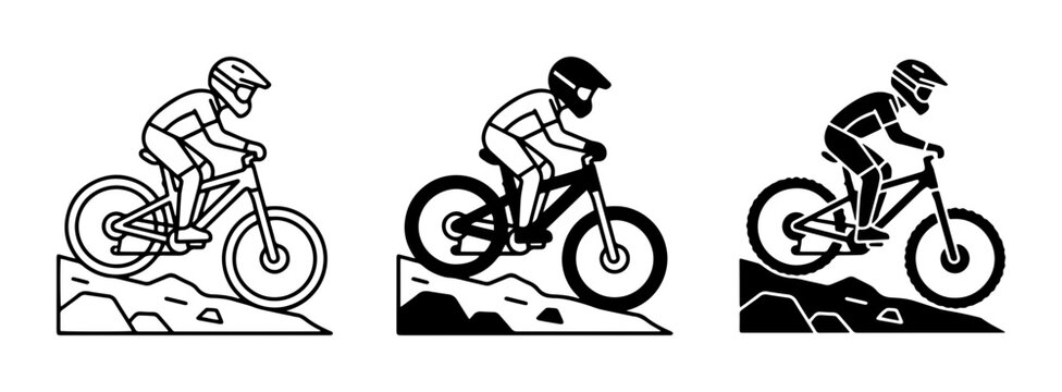 Mountain Bike Rider Icons, Downhill Cycling Vector Graphics, Extreme Sports Silhouette Set