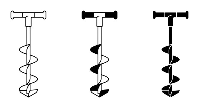 Auger Drill Tool Icons, Spiral Earth Borer Vector Set, Manual Soil Screw Designs