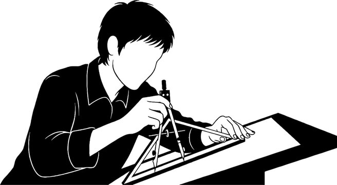 Architect using compass on blueprint at desk.