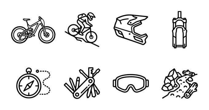 Mountain Bike Icons Set: Downhill Cycling Gear, Equipment, and Trail Graphics, Vector Collection