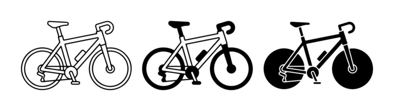 Three Bicycle Icons: Outline, Silhouette, and Fixed Gear Bike Vector Art