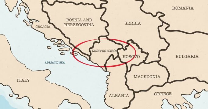 Motion graphic video of a red circle marking to montenegro on a vintage political map