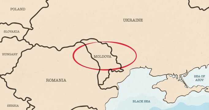 Motion graphic video of a red circle marking to moldova on a vintage political map