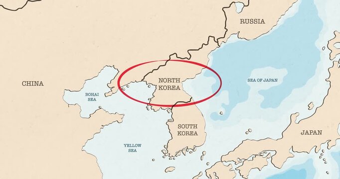 Motion graphic video of a red circle marking to north korea on a vintage political map