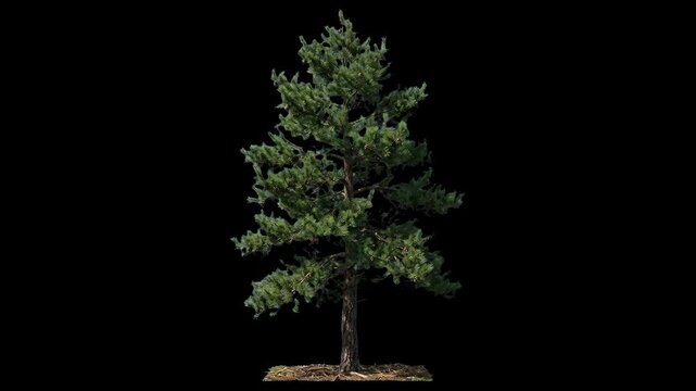 A detailed 3D green deciduous tree stands against an isolated black backdrop, its leafy crown and branches moving with a slight, continuous swaying motion as if caught in a gentle breeze.