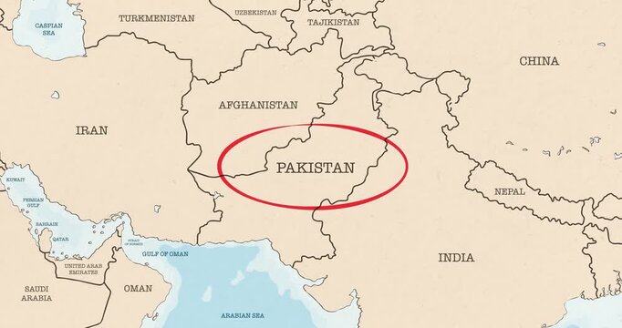 Motion graphic video of a red circle marking to pakistan on a vintage political map