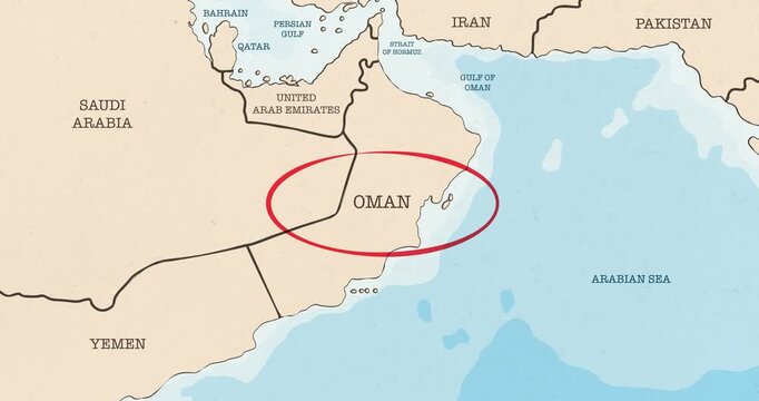 Motion graphic video of a red circle marking to oman on a vintage political map