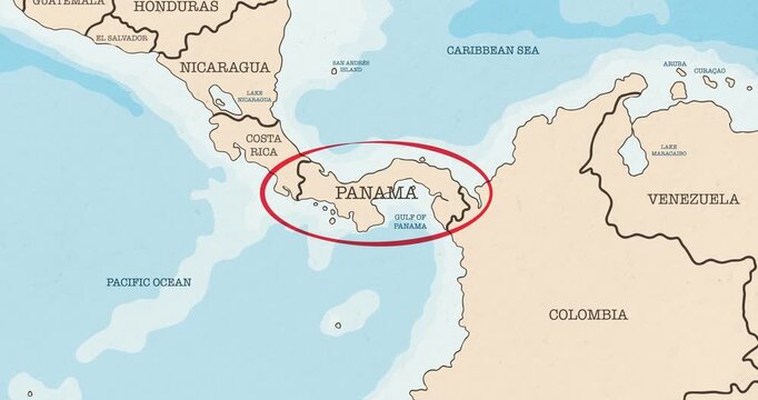 Motion graphic video of a red circle marking to panama on a vintage political map