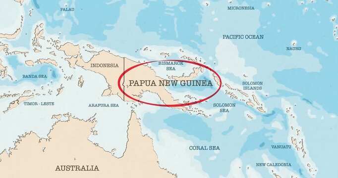 Motion graphic video of a red circle marking to papua new guinea on a vintage political map