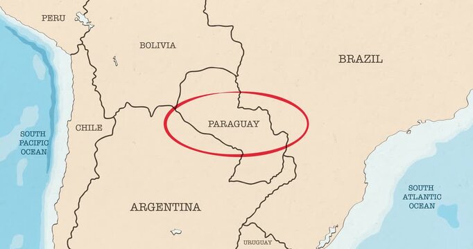 Motion graphic video of a red circle marking to paraguay on a vintage political map