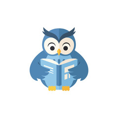 Fototapeta premium A cute blue cartoon owl with big eyes is sitting down and reading an open blue book intently, representing wisdom and education.