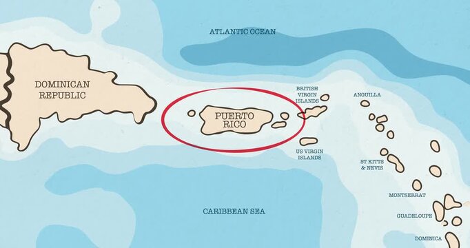 Motion graphic video of a red circle marking to puerto rico on a vintage political map