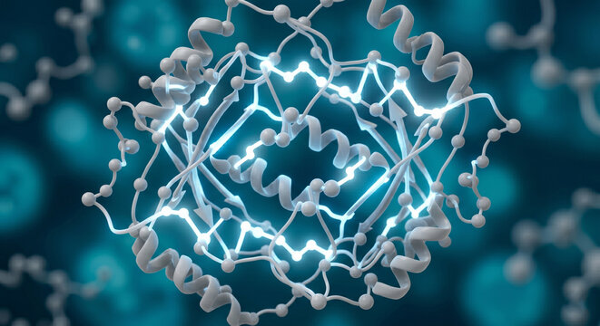 Insulin protein molecule 3D scientific visualization on blue teal background diabetes research