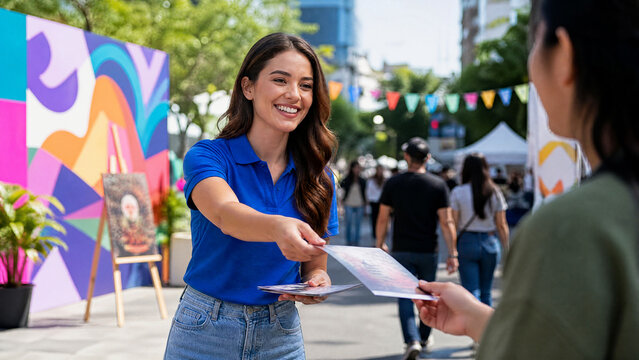 Woman handing out flyers at an outdoor event