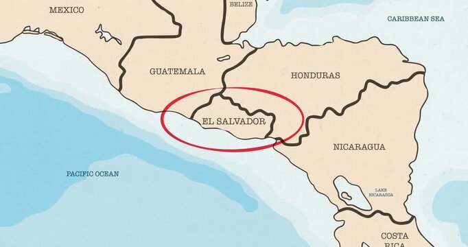 Motion graphic video of a red circle marking to el salvador on a vintage political map