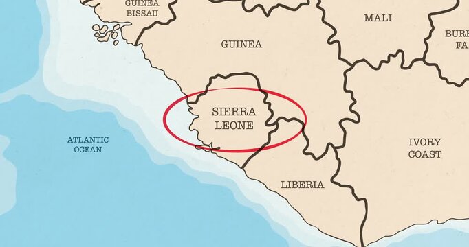 Motion graphic video of a red circle marking to sierra leone on a vintage political map