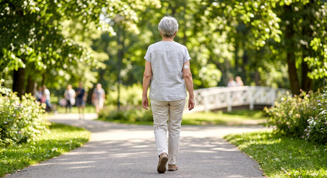 Elderly person walking in sunny park back view with CGM sensor on arm diabetes lifestyle