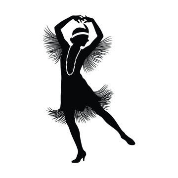 Silhouette of a flapper woman dancing in a vintage dress style